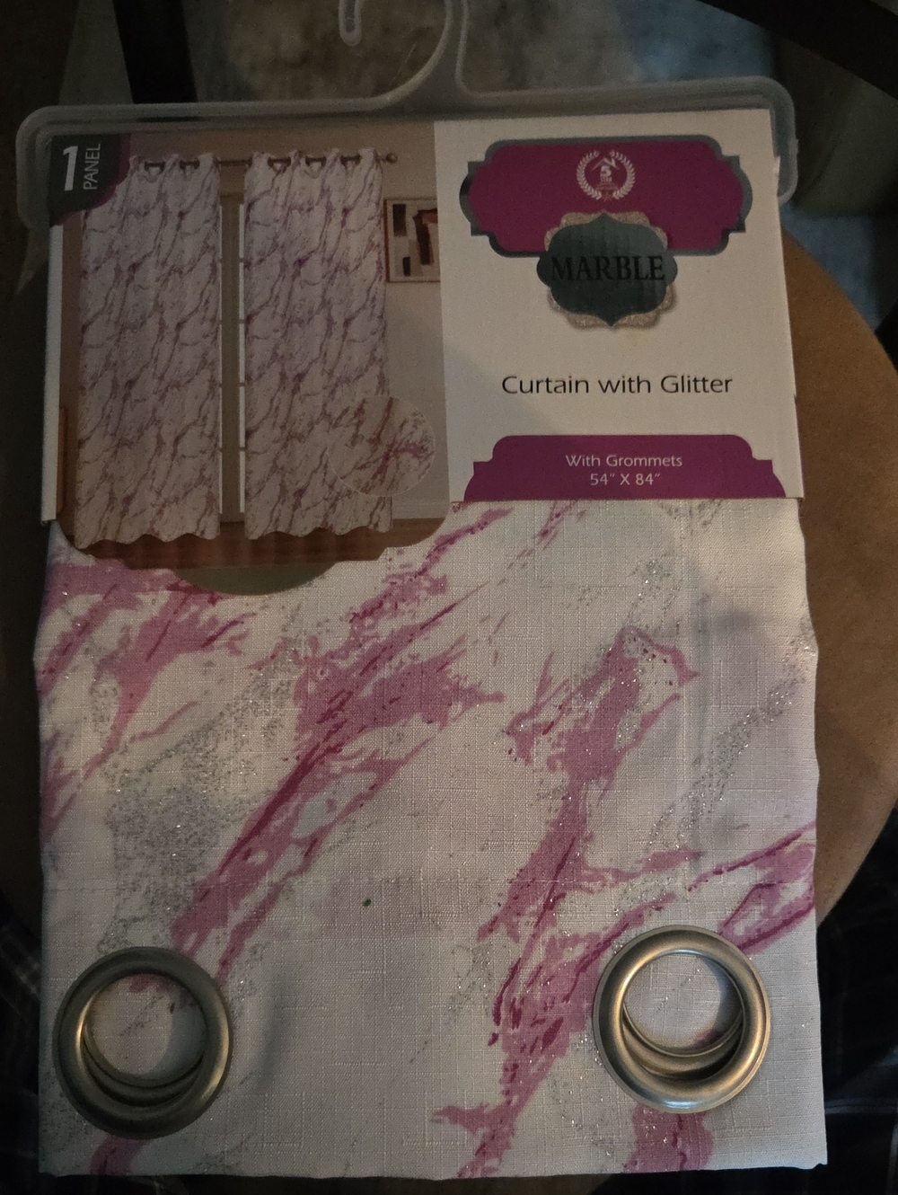 MARBLE Pink and Silver Glitter Marble-Pattern Curtain Panel with Grommets